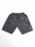 Gray shorts with a logo on a white background